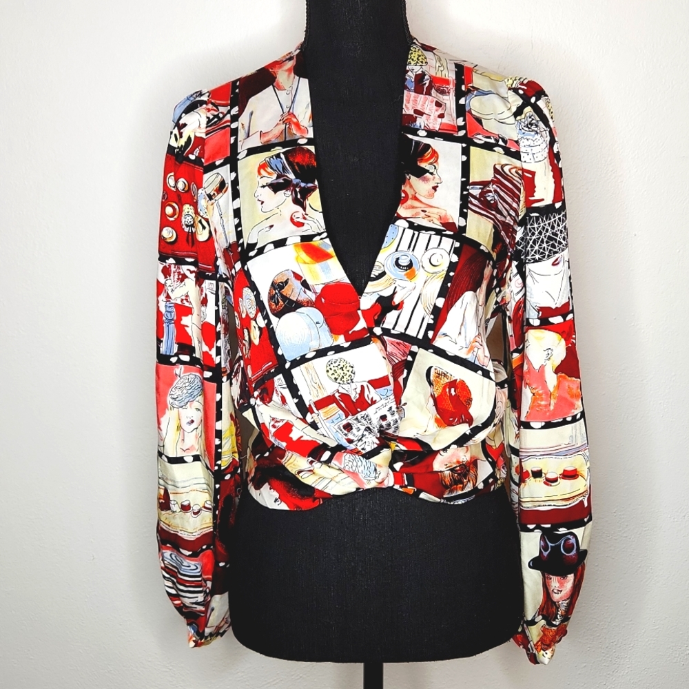 Milk & Honey People Print Knot Bottom Long Sleeve Blouse